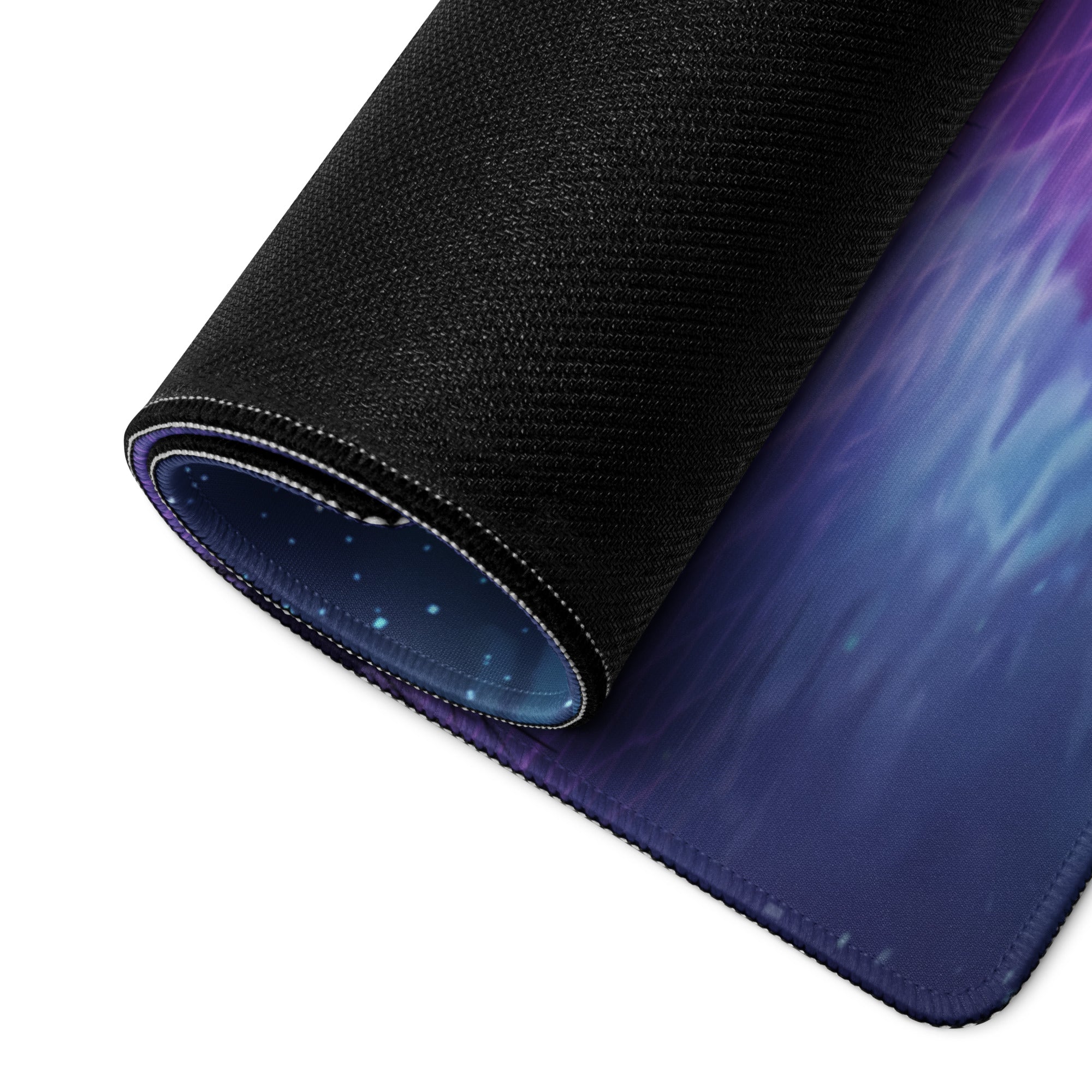 A rolled-up vaporwave neon gaming mouse pad with vibrant cosmic blue purple and pink starry digital art design