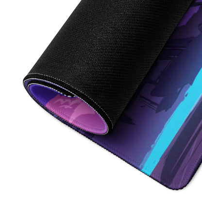 A rolled-up vaporwave neon city mouse pad with vibrant purple blue gradient and black textured outer layer for gaming