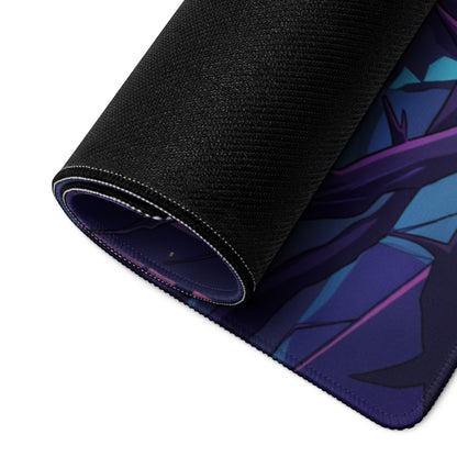 Rolled-up black gaming mousepad with vibrant purple and blue anime vaporwave design and stitched edges for desktop use