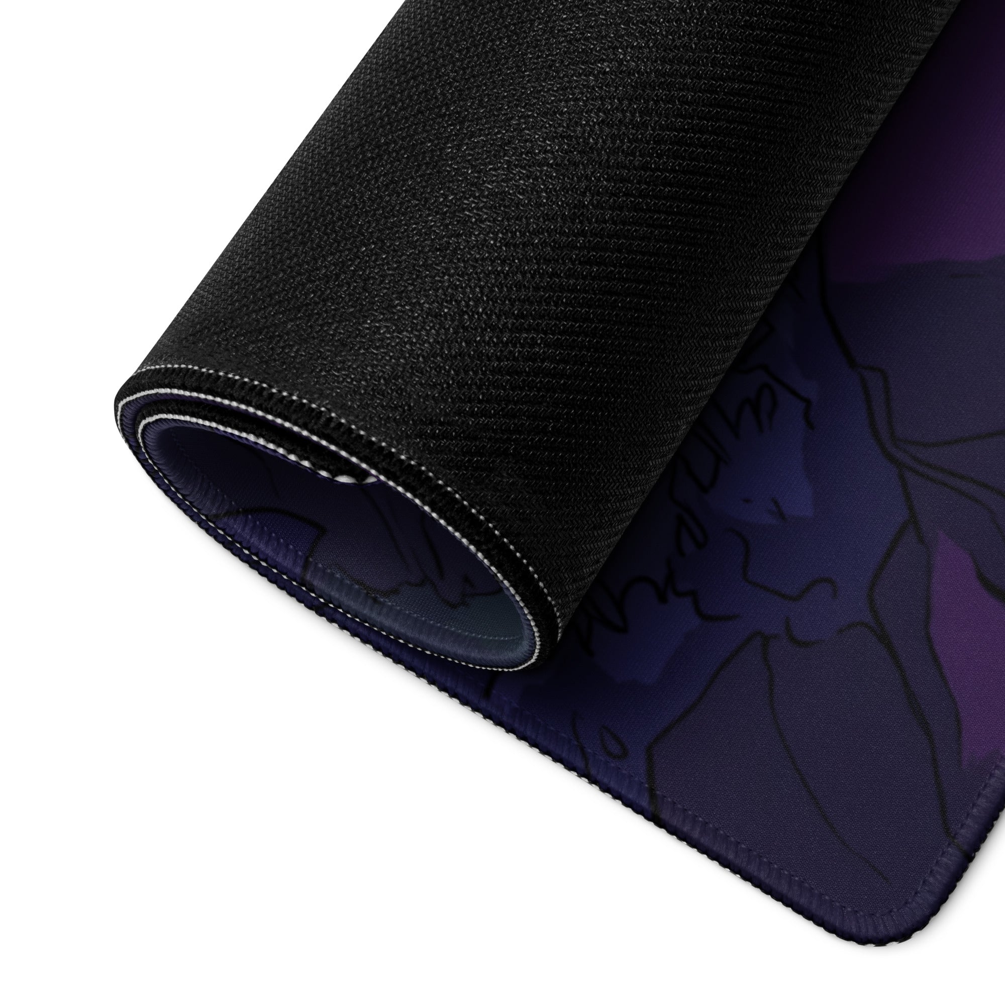 Black textured neon vaporwave odyssey mouse pad with purple and dark blue gradient mountain design