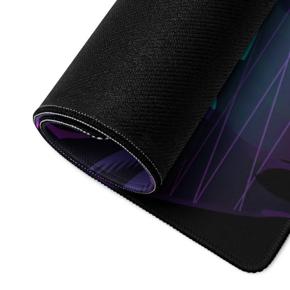 Black textured gaming mousepad with vibrant purple and teal neon vaporwave dragon anime design for desktop use
