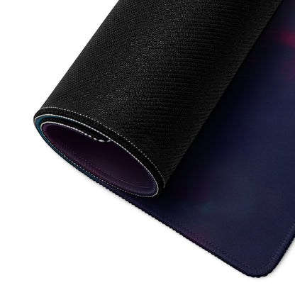 Neon vaporwave samurai gaming mouse pad with black textured surface and subtle deep blue and purple gradient
