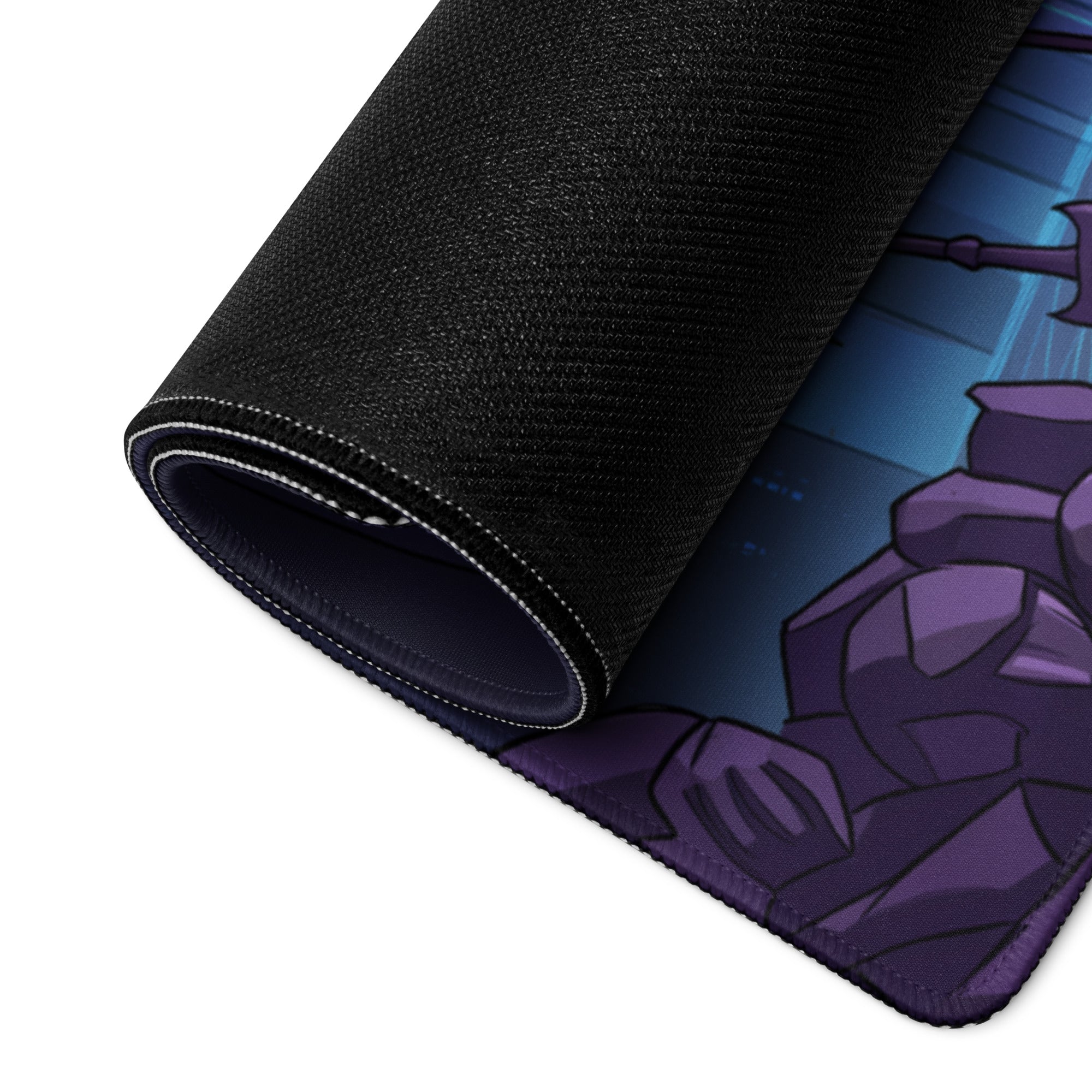 Black textured mousepad with rolled edge featuring neon grim reaper design in purple blue for gaming and retro futurism