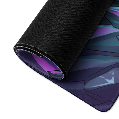 A rolled-up black gaming mouse pad featuring a vibrant purple and teal anime-style dragon design for energetic desk decor