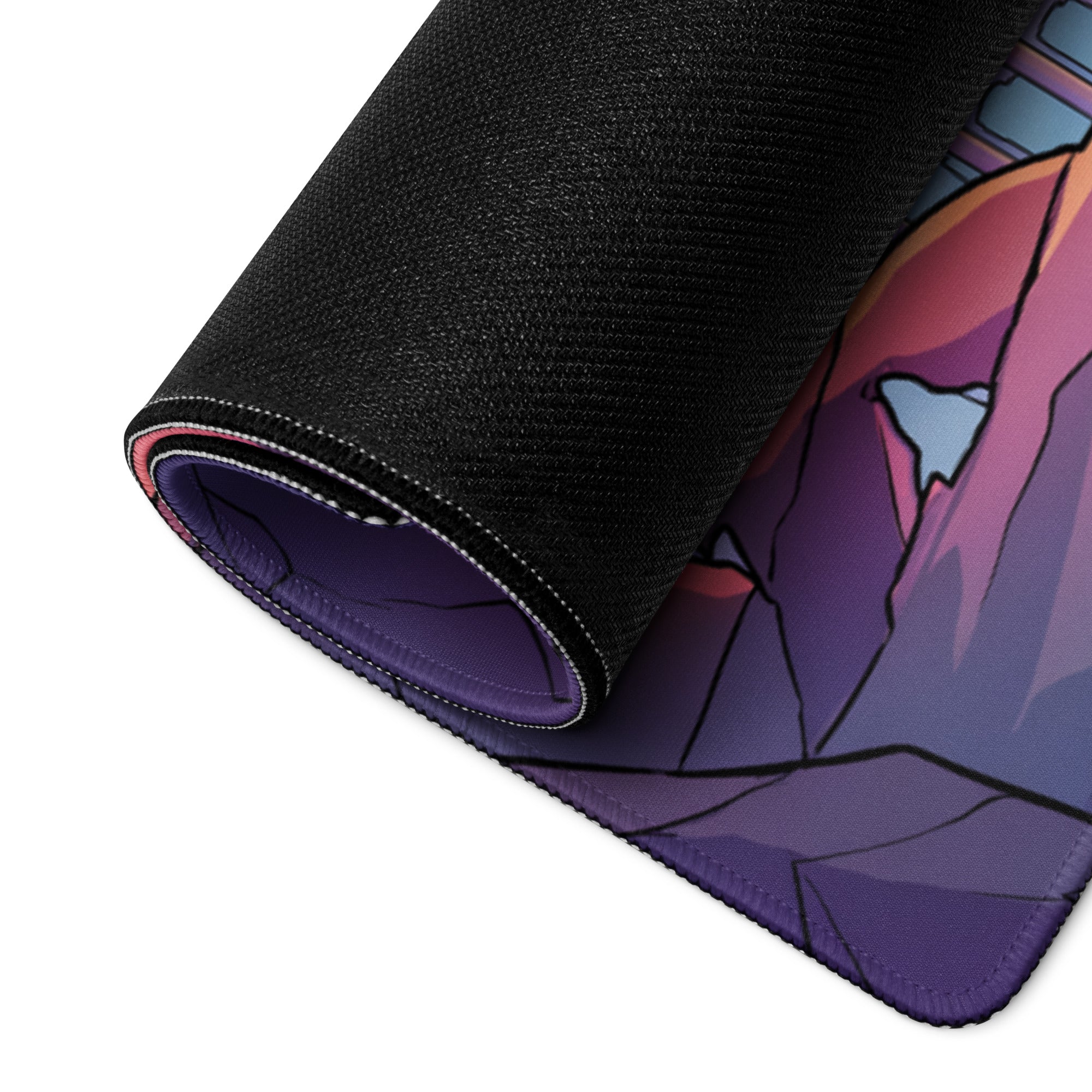 A rolled-up black gaming mousepad with vibrant purple and pink anime-style mountain design for vaporwave decor