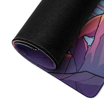 A rolled-up black gaming mousepad with vibrant purple and pink anime-style mountain design for vaporwave decor