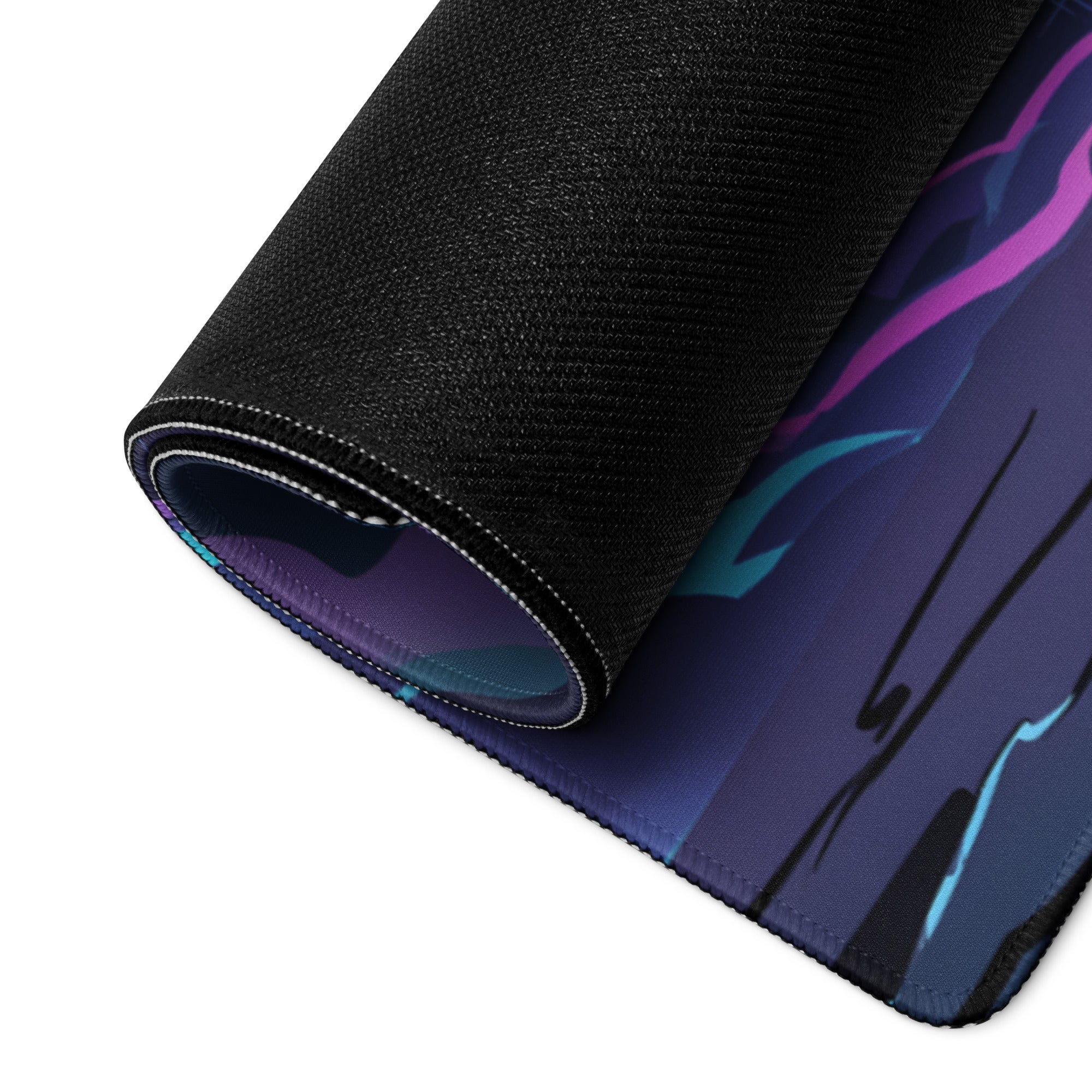 Black gaming mousepad with vibrant purple and teal abstract vaporwave design for neon pink cyberpunk desk setup