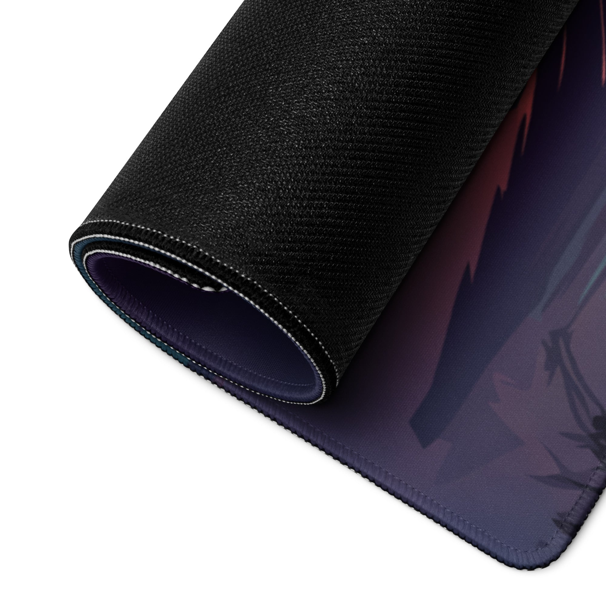 Black textured mousepad with dark purple and red gradient foliage design for vaporwave and gaming desks