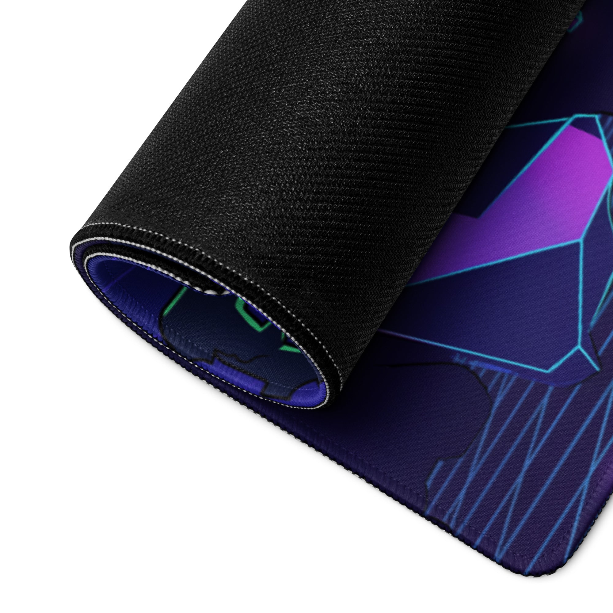 A rolled-up black gaming mousepad with vibrant purple and blue geometric design vaporwave neon warrior style