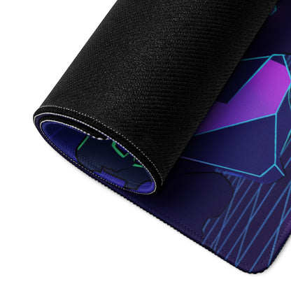 A rolled-up black gaming mousepad with vibrant purple and blue geometric design vaporwave neon warrior style