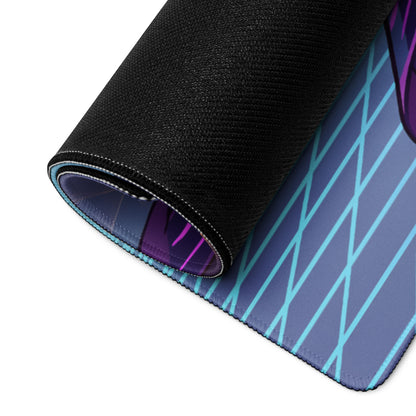 Rolled-up vaporwave neon mage gaming mouse pad with black textured outer layer and cyan diagonal lines on purple background
