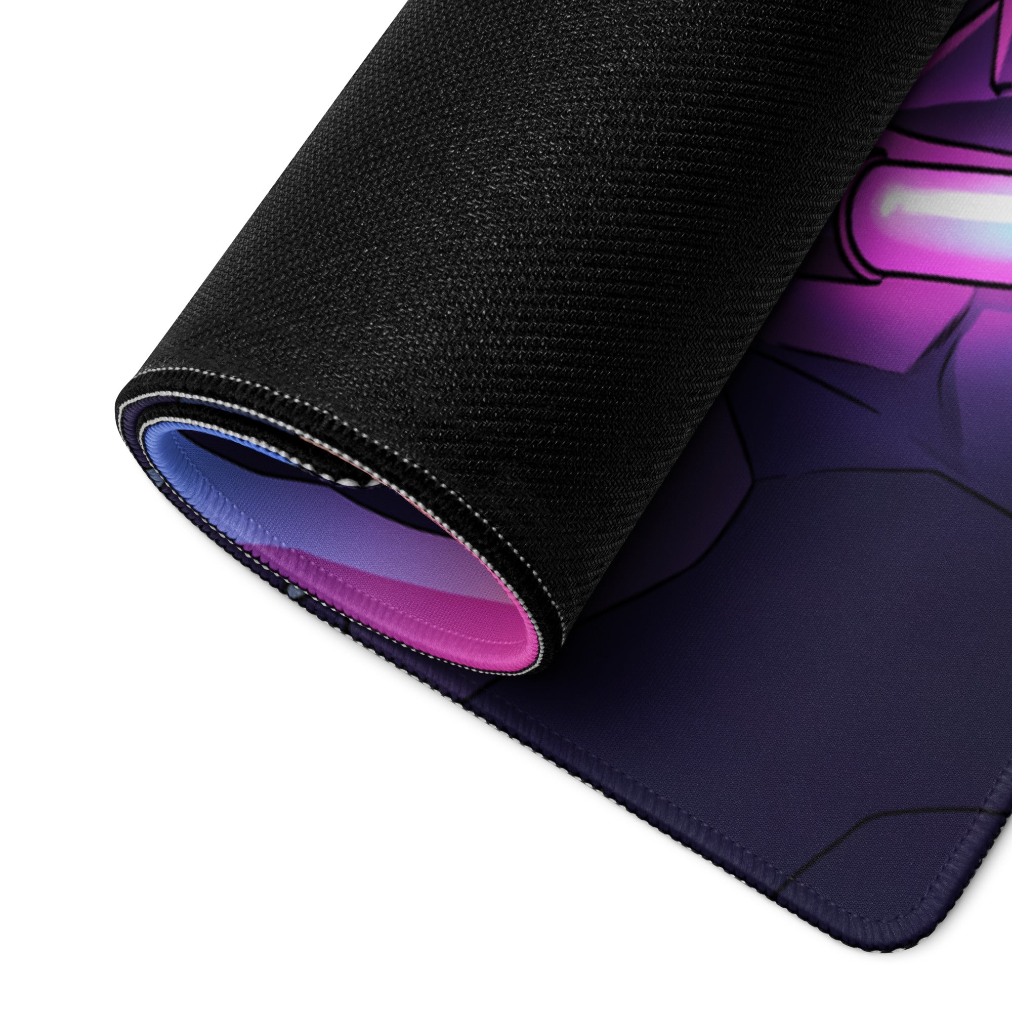 Rolled-up black gaming mousepad featuring vibrant purple and pink vaporwave neon warrior anime design