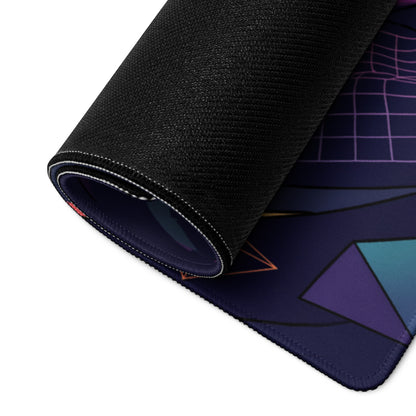 A rolled-up black gaming mousepad with a vibrant purple blue and teal geometric neon vaporwave design