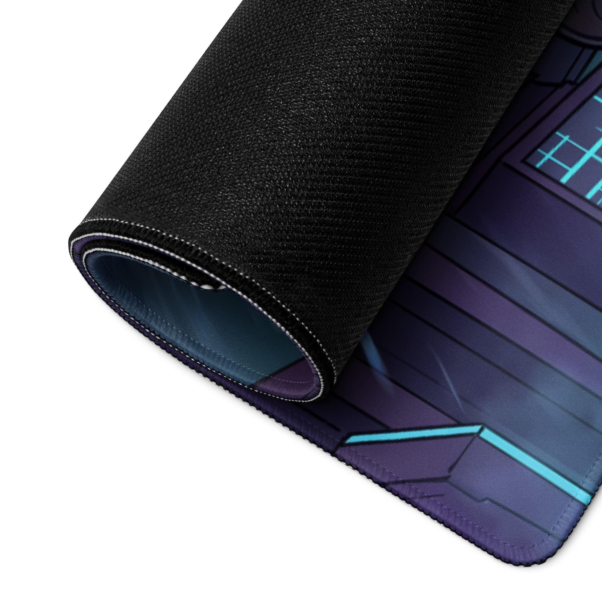 Black rolled gaming mousepad with purple and teal futuristic vaporwave neon city design for gaming desk decor