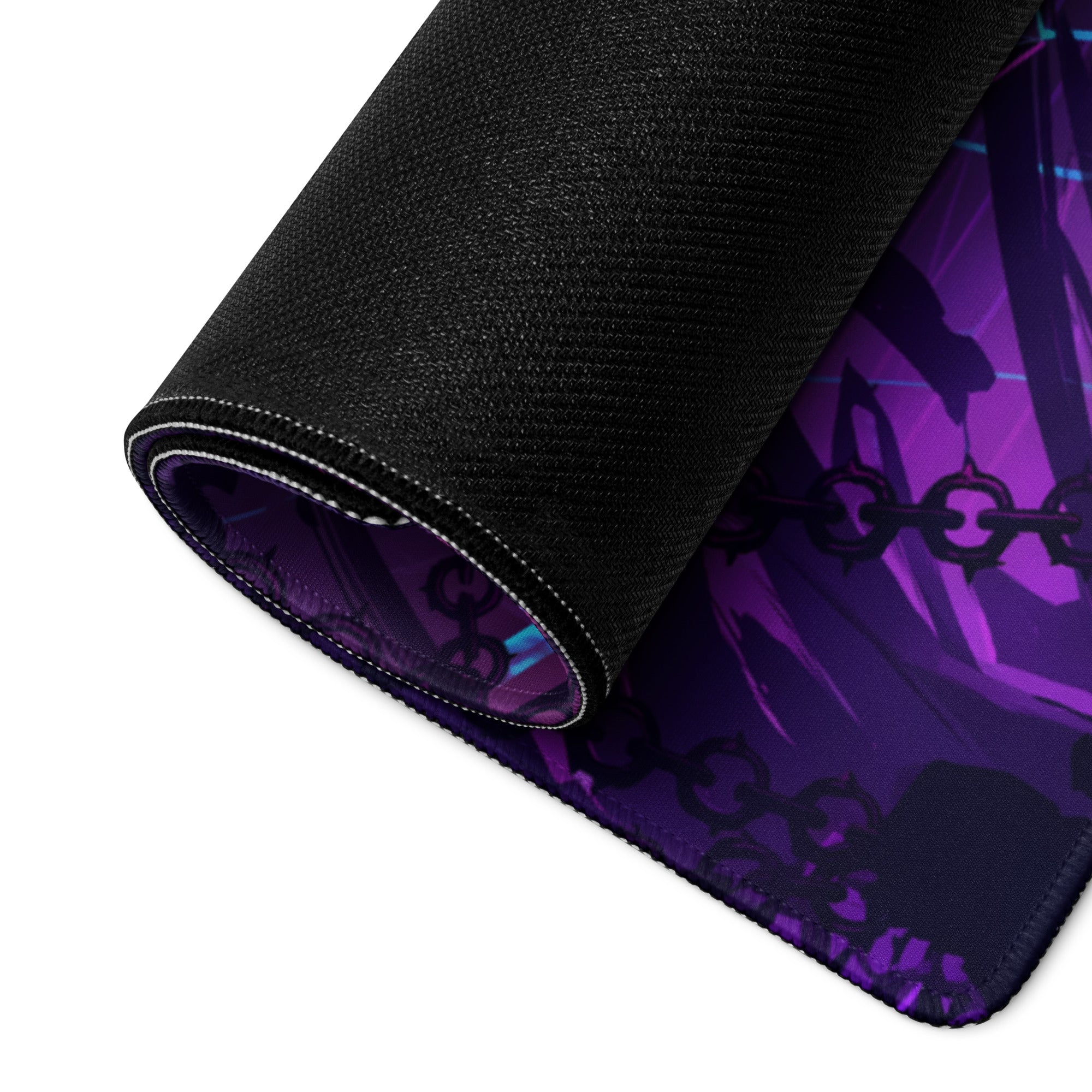 A rolled-up black gaming mousepad featuring a vibrant purple and dark blue neon knight vaporwave design with chains and silhouettes