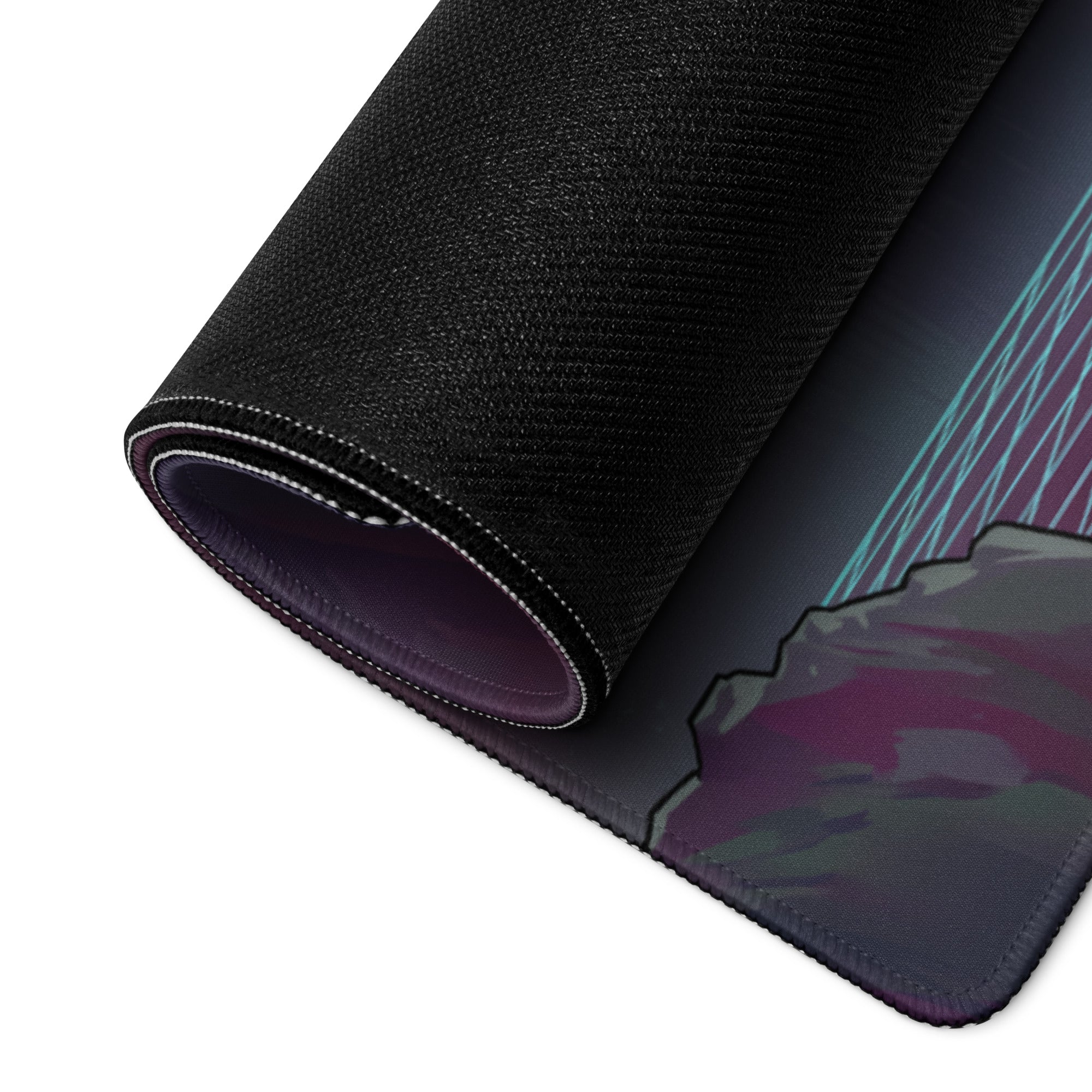 Black gaming mousepad with textured surface and vibrant purple and teal vaporwave neon graphic design for gaming setup