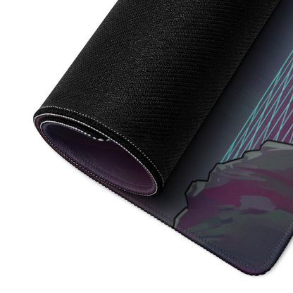 Black gaming mousepad with textured surface and vibrant purple and teal vaporwave neon graphic design for gaming setup