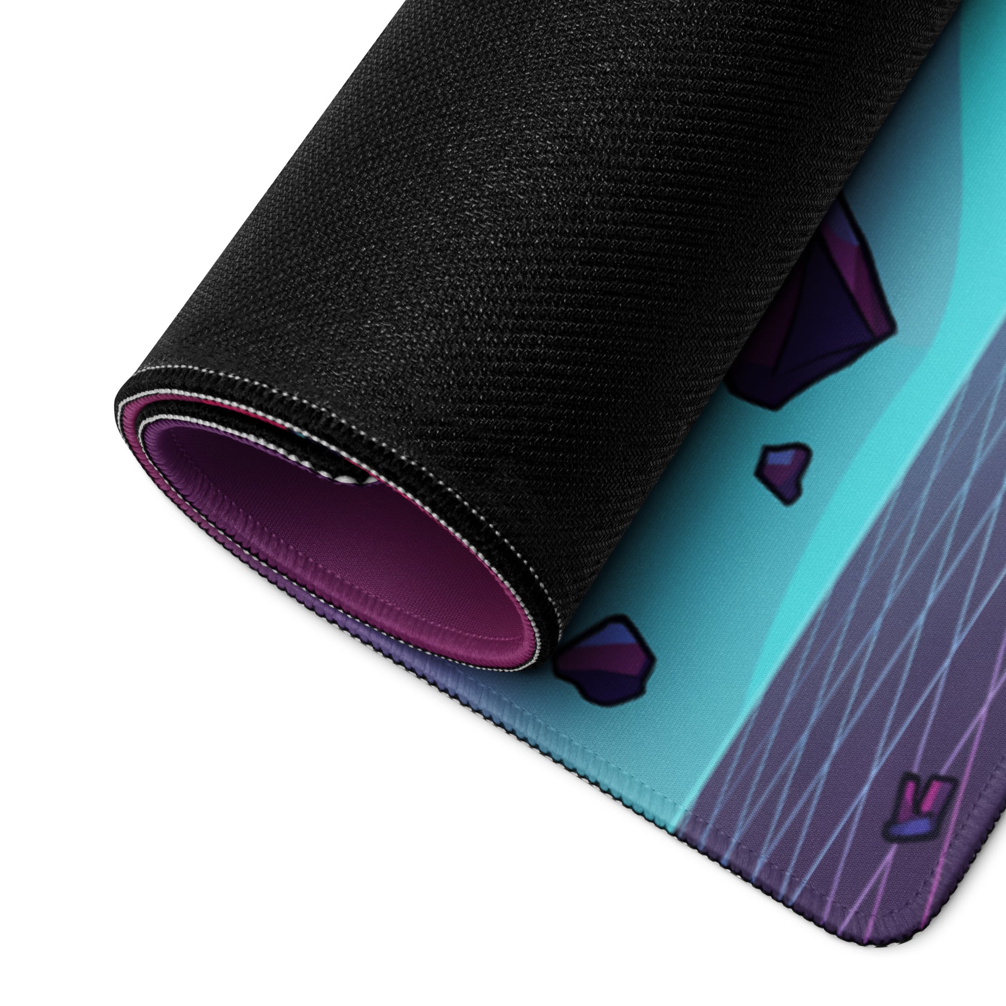 Rolled-up vaporwave winged skeleton gaming mousepad with black textured outer layer purple lining and vibrant teal purple crystals