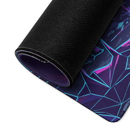 A rolled-up neon vaporwave matrix mouse pad with vibrant purple and blue geometric design and black textured underside