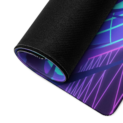 A rolled-up vaporwave neon hero gaming mousepad with purple and teal geometric design and black textured edge