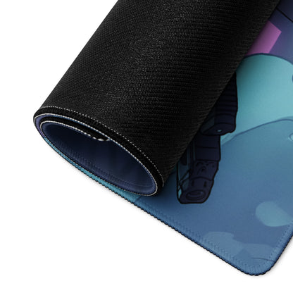 Black textured mousepad with rolled edge featuring colorful neon vaporwave cityscape anime-style artwork