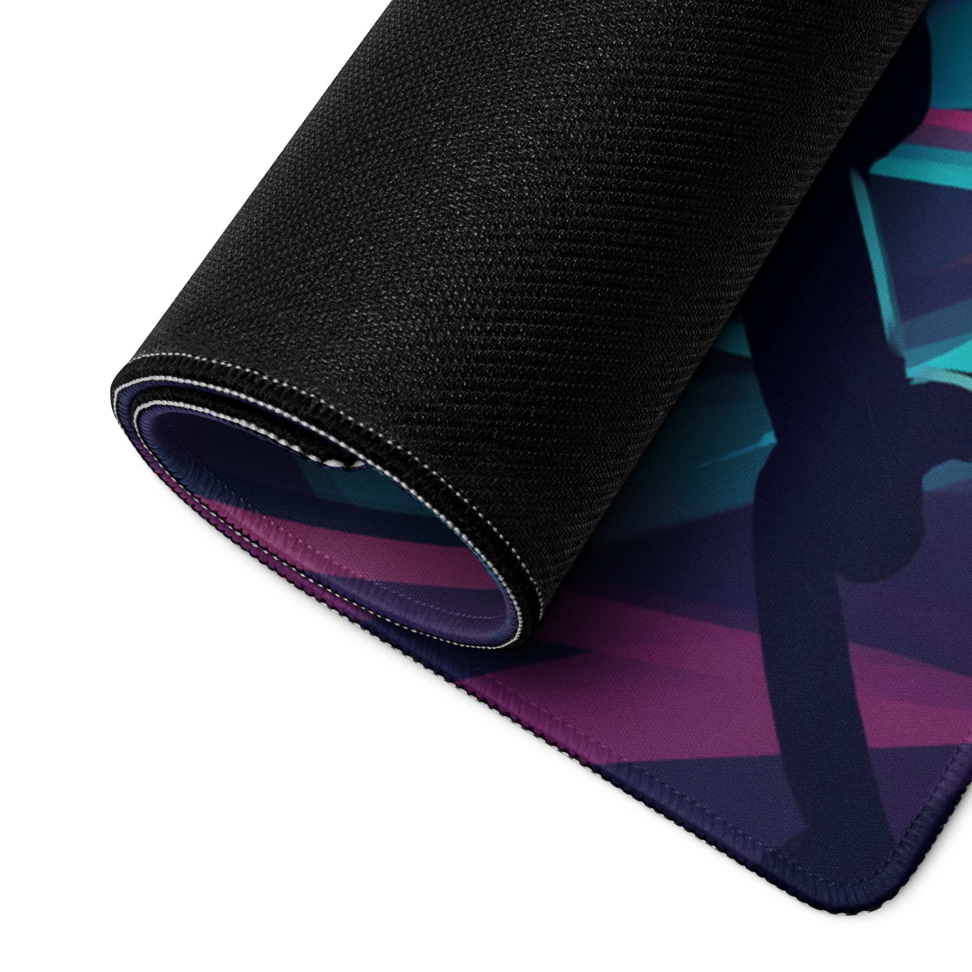 A rolled-up neon vaporwave gamer mouse pad with black textured outer layer and vibrant purple teal geometric artwork