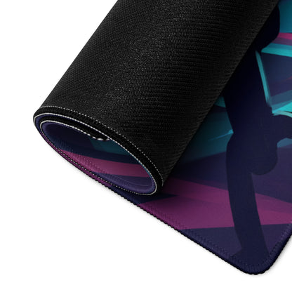 A rolled-up neon vaporwave gamer mouse pad with black textured outer layer and vibrant purple teal geometric artwork