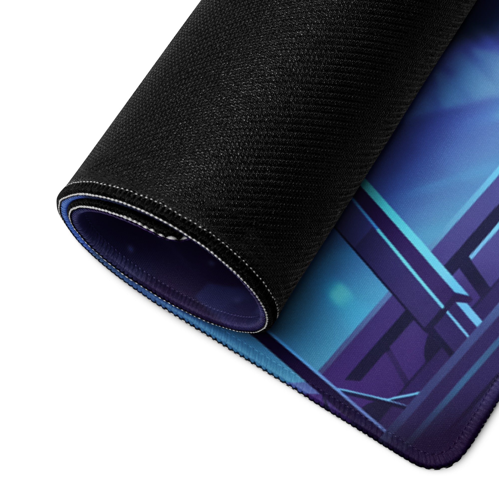 Black textured mousepad with vibrant blue and purple neon mirage vaporwave digital art for gaming and desk use