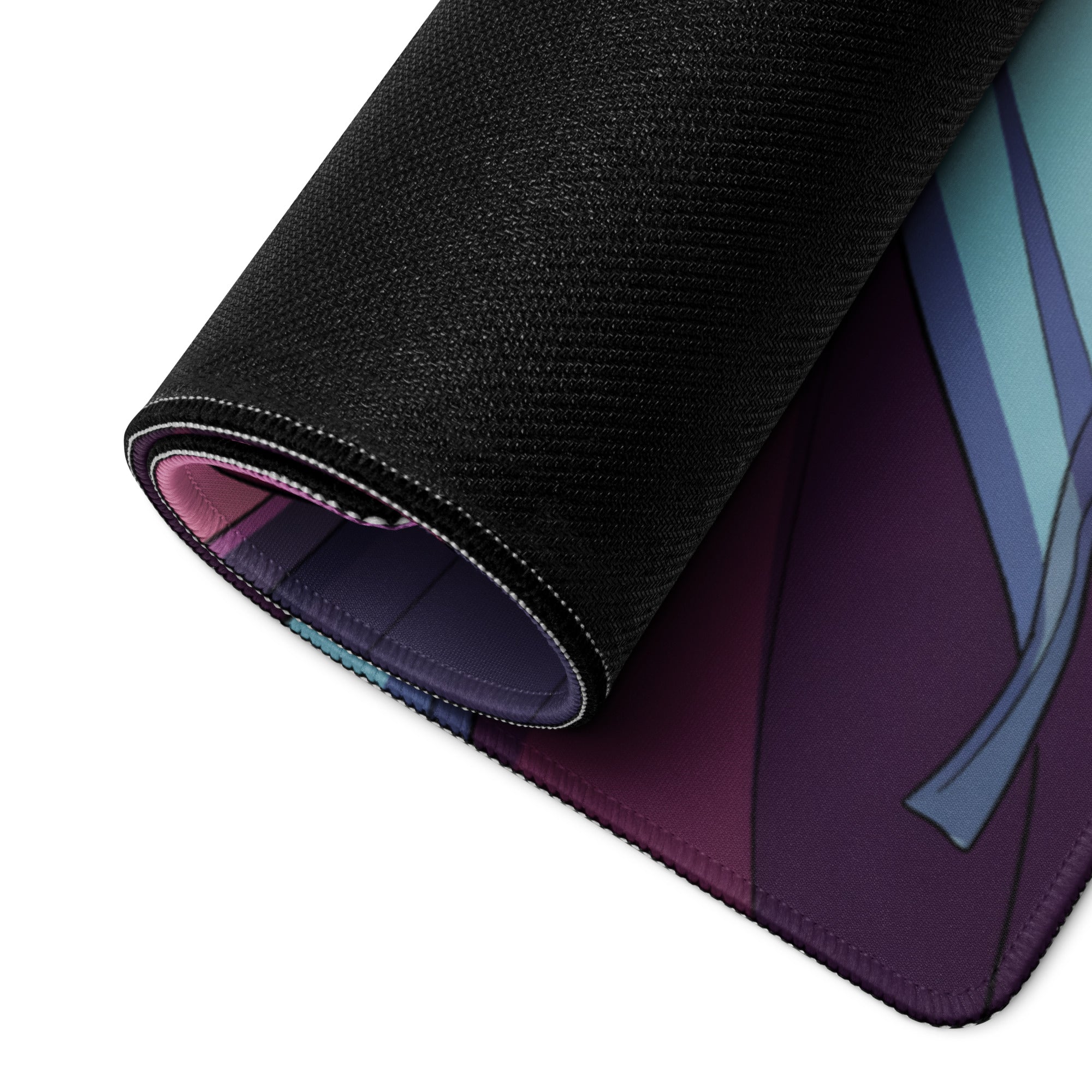 A rolled-up black vaporwave neon dragon mouse pad with vibrant purple and teal anime-style illustration for gaming setup