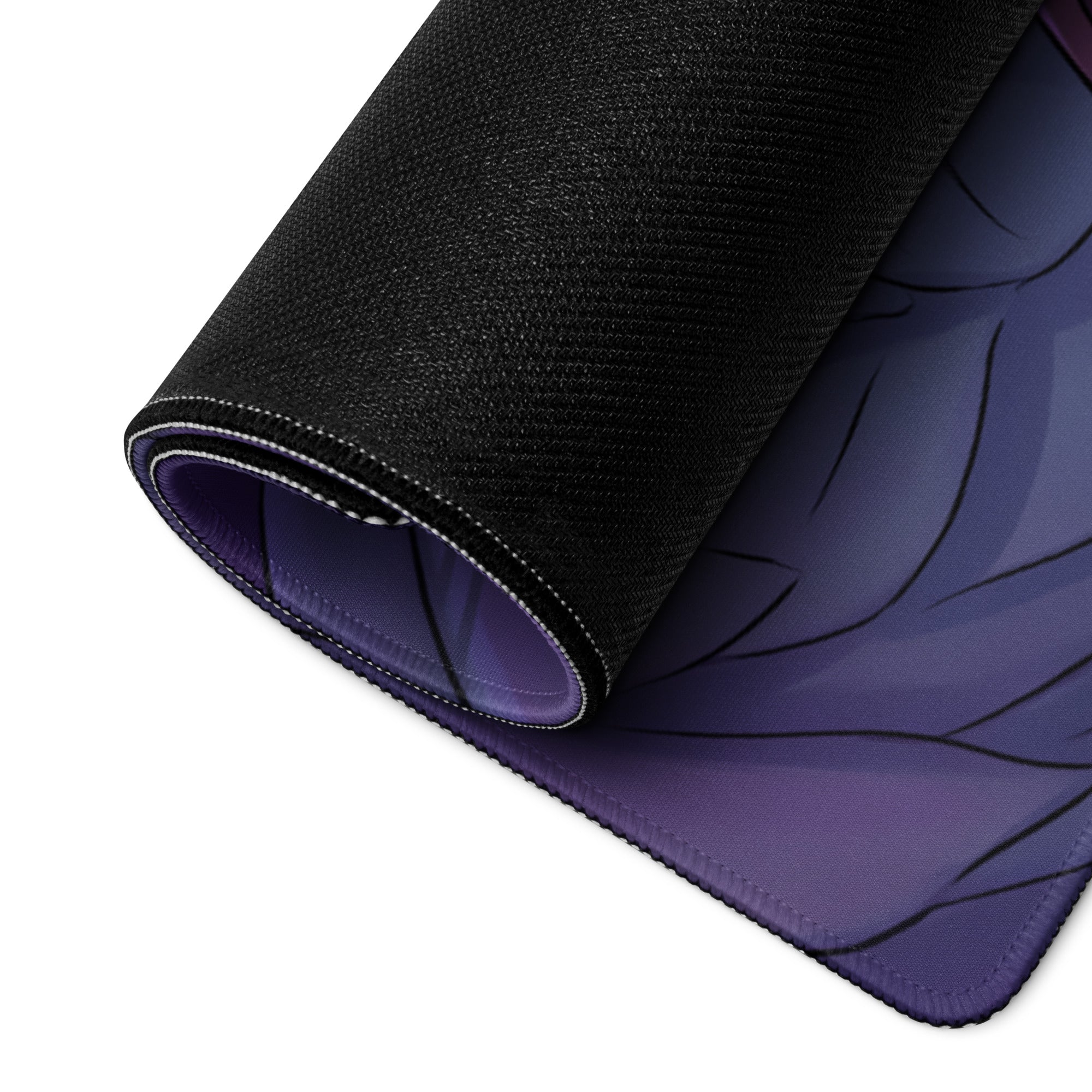 Neon angel vaporwave black and purple anime gaming mousepad with textured fabric surface for desktop use