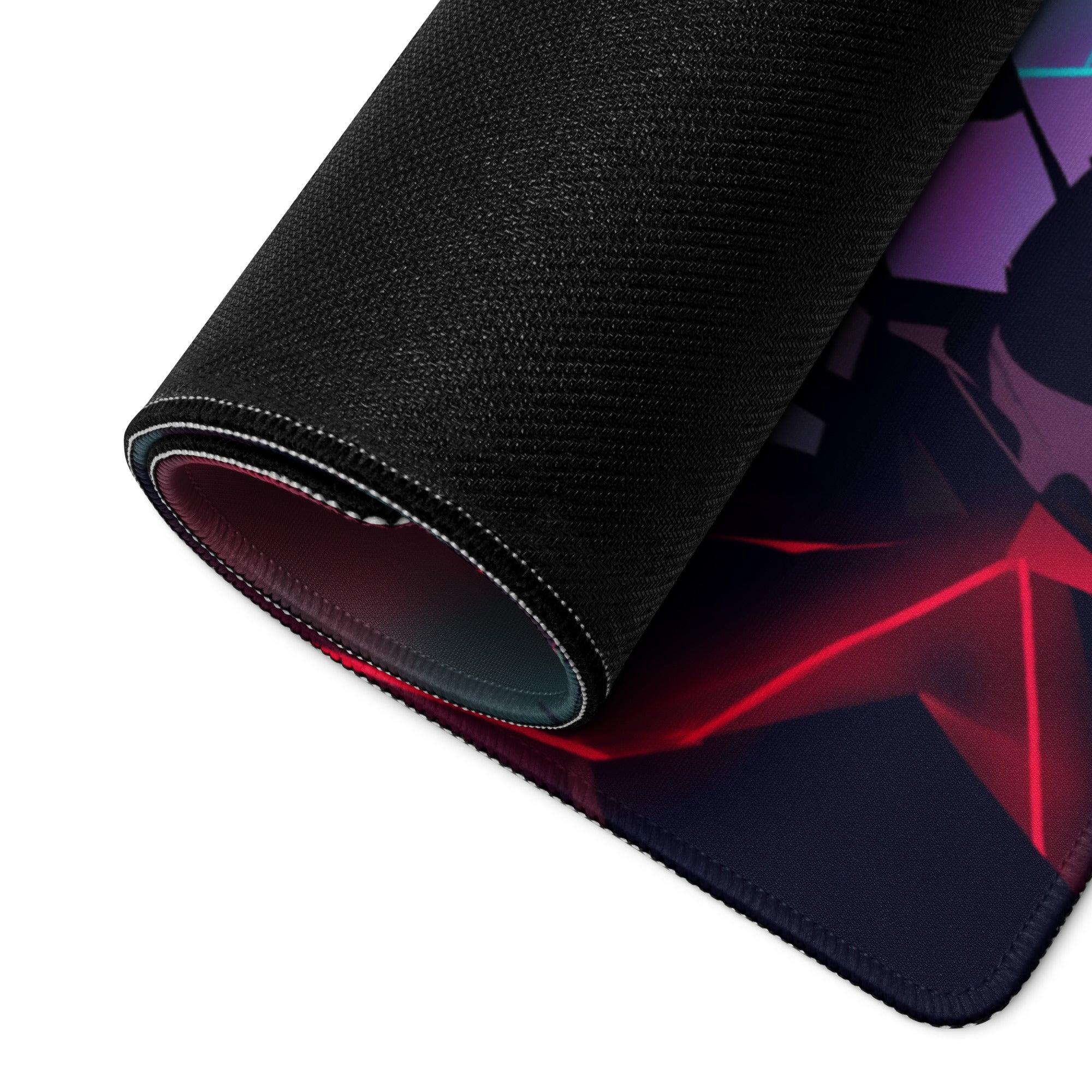 Black gaming mousepad with vibrant red and purple vaporwave neon cyber geometric anime-style graphic design