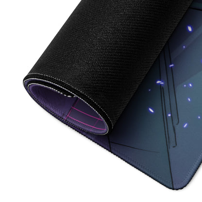 Black textured gaming mousepad with dark blue and purple anime design featuring glowing light particles for neon vaporwave style