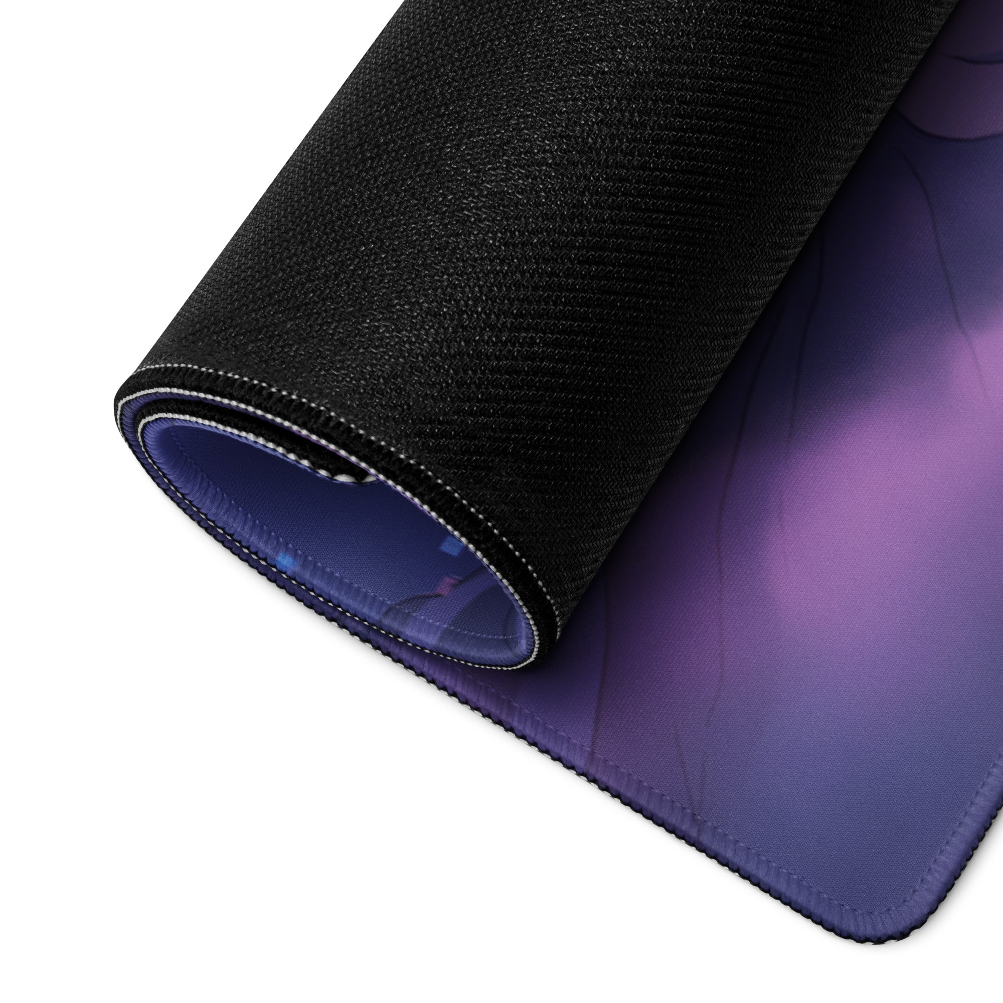 Black textured mousepad with vibrant purple gradient design for neon vaporwave mountain gaming setup decor