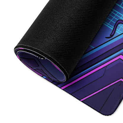 A rolled-up neon vaporwave gaming mouse pad with vibrant purple and blue geometric patterns and stylized lines