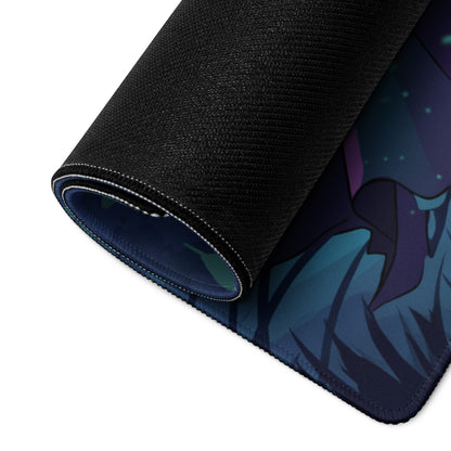 Black textured mousepad with rolled edge featuring neon blue and purple anime-style vaporwave illustration for gaming desk