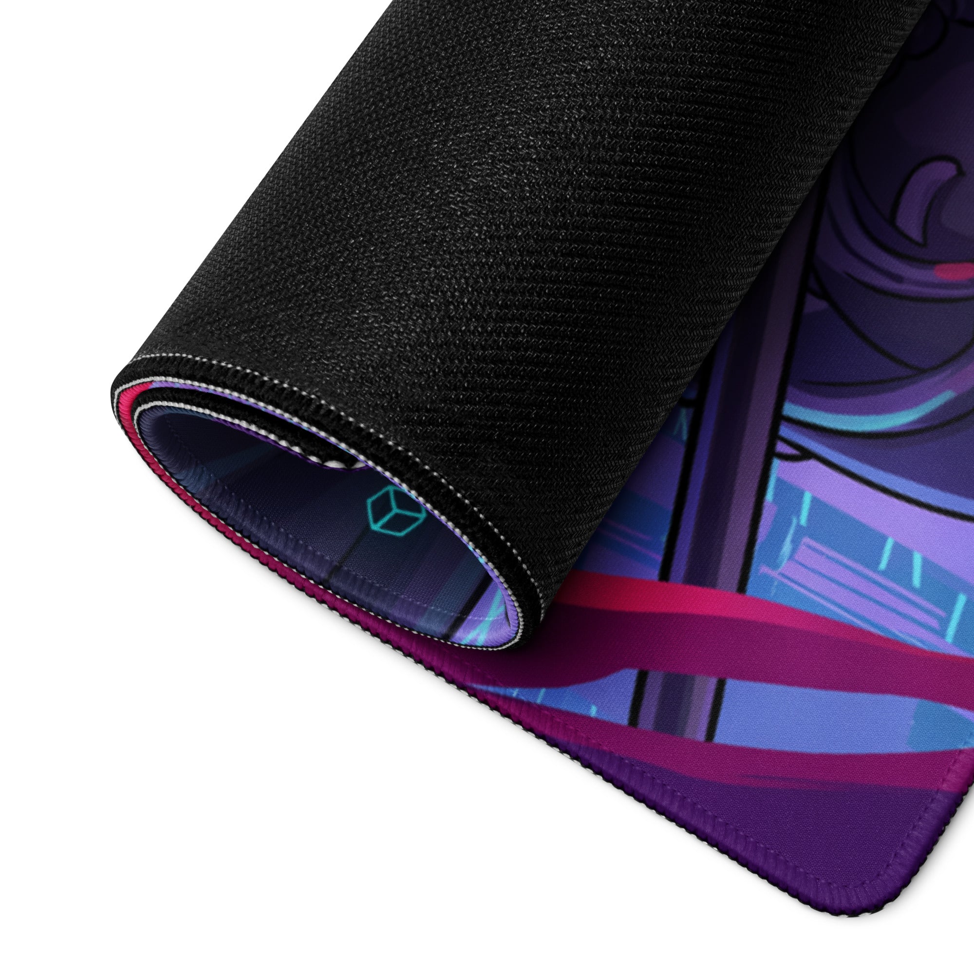 A rolled-up black gaming mousepad with a vibrant purple pink vaporwave neon anime style graphic design