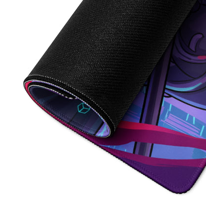 A rolled-up black gaming mousepad with a vibrant purple pink vaporwave neon anime style graphic design