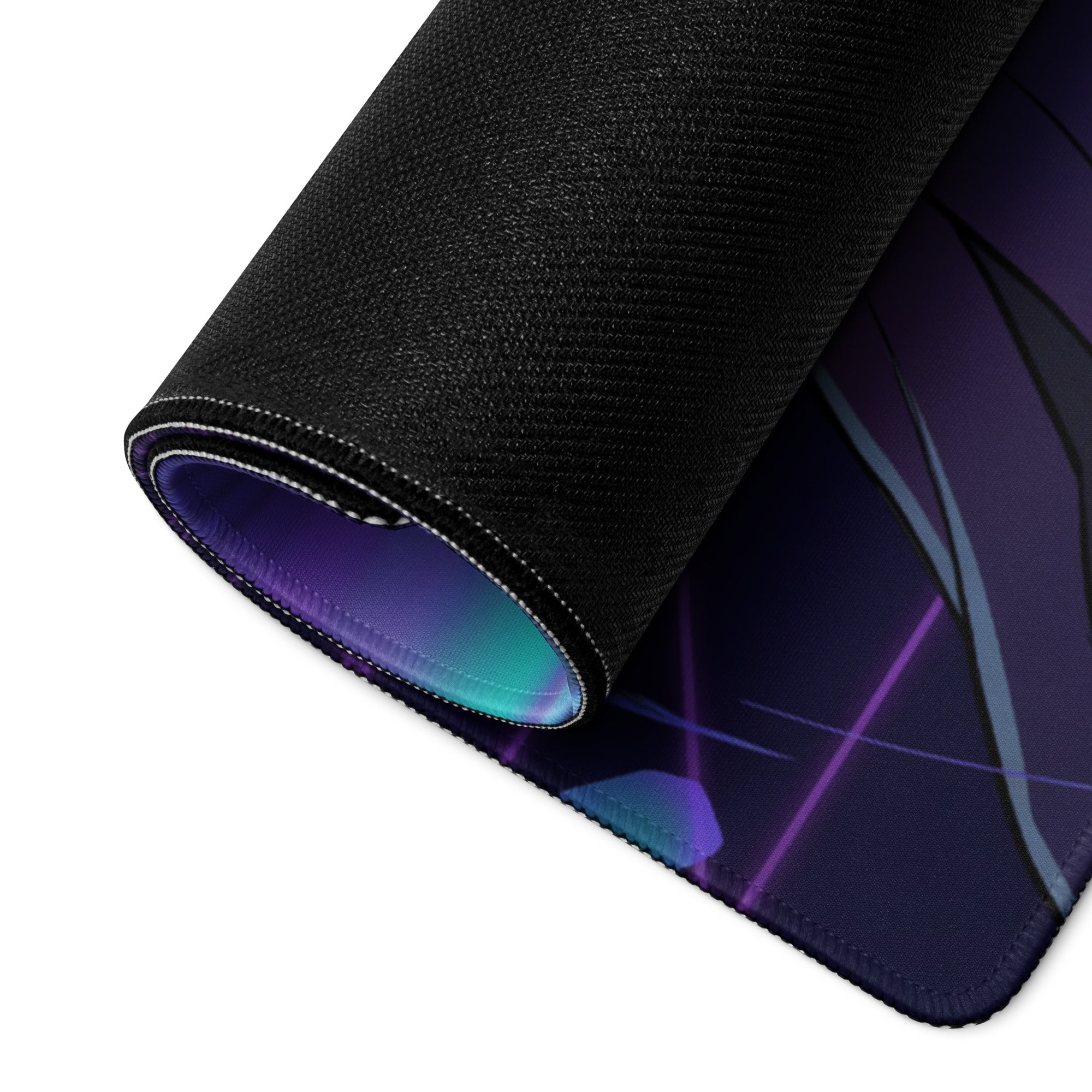 Black gaming mouse pad with vibrant purple and teal gradient and subtle geometric patterns for non slip gaming use