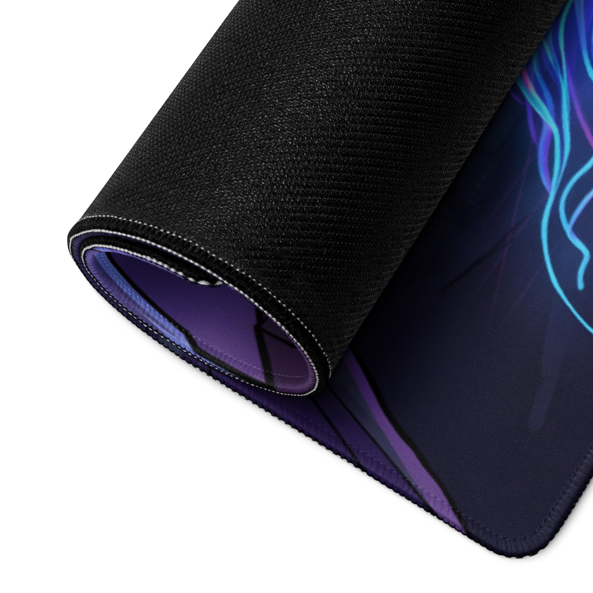 Black textured gaming mousepad with vibrant purple and blue neon vaporwave design for a retro futuristic desk setup