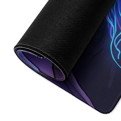 Black textured gaming mousepad with vibrant purple and blue neon vaporwave design for a retro futuristic desk setup