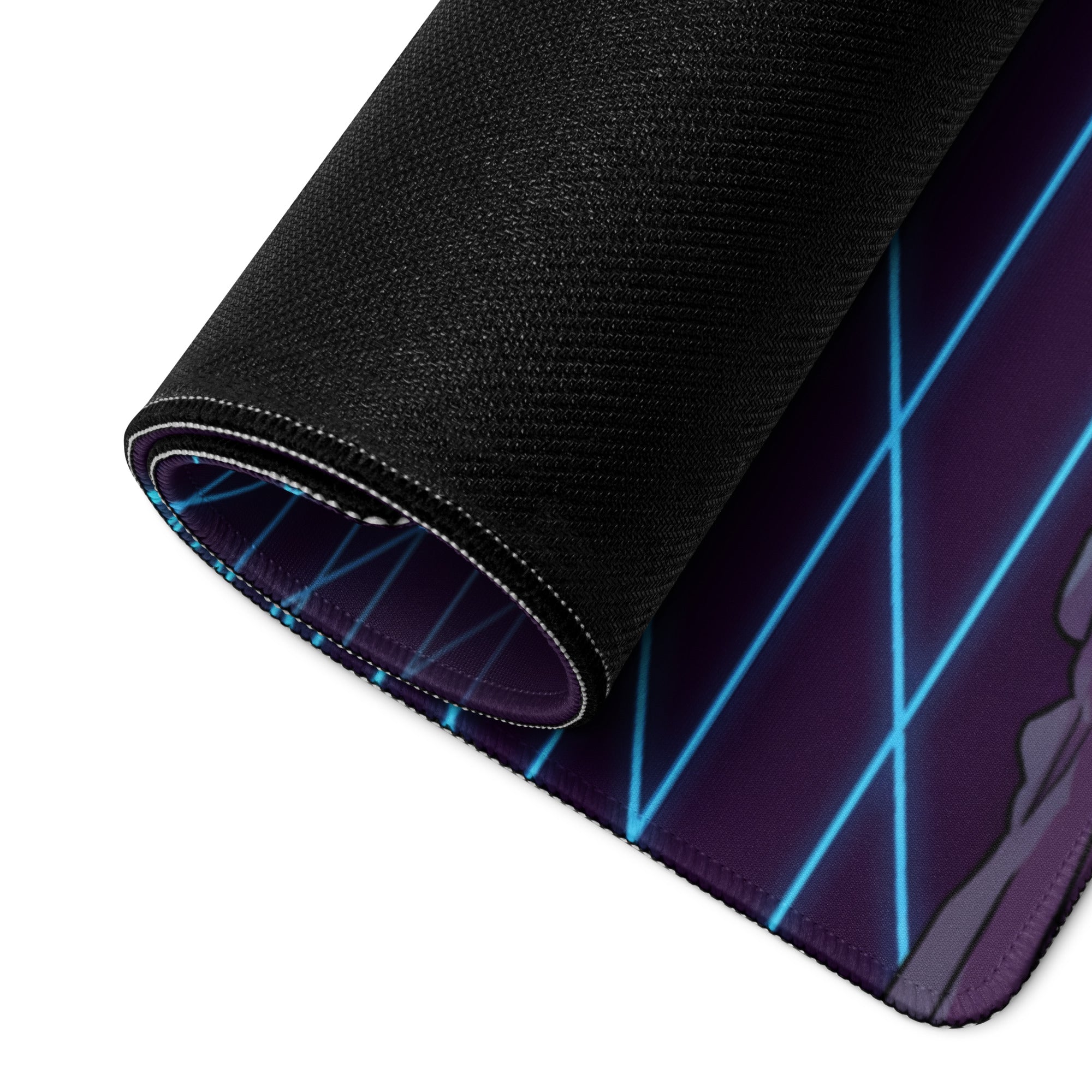 Black gaming mousepad with purple and blue neon grid design featuring stitched edges and textured surface for precision gaming