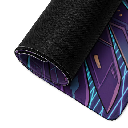 A rolled-up vaporwave winged neon mouse pad with vibrant purple teal geometric design and black fabric edges