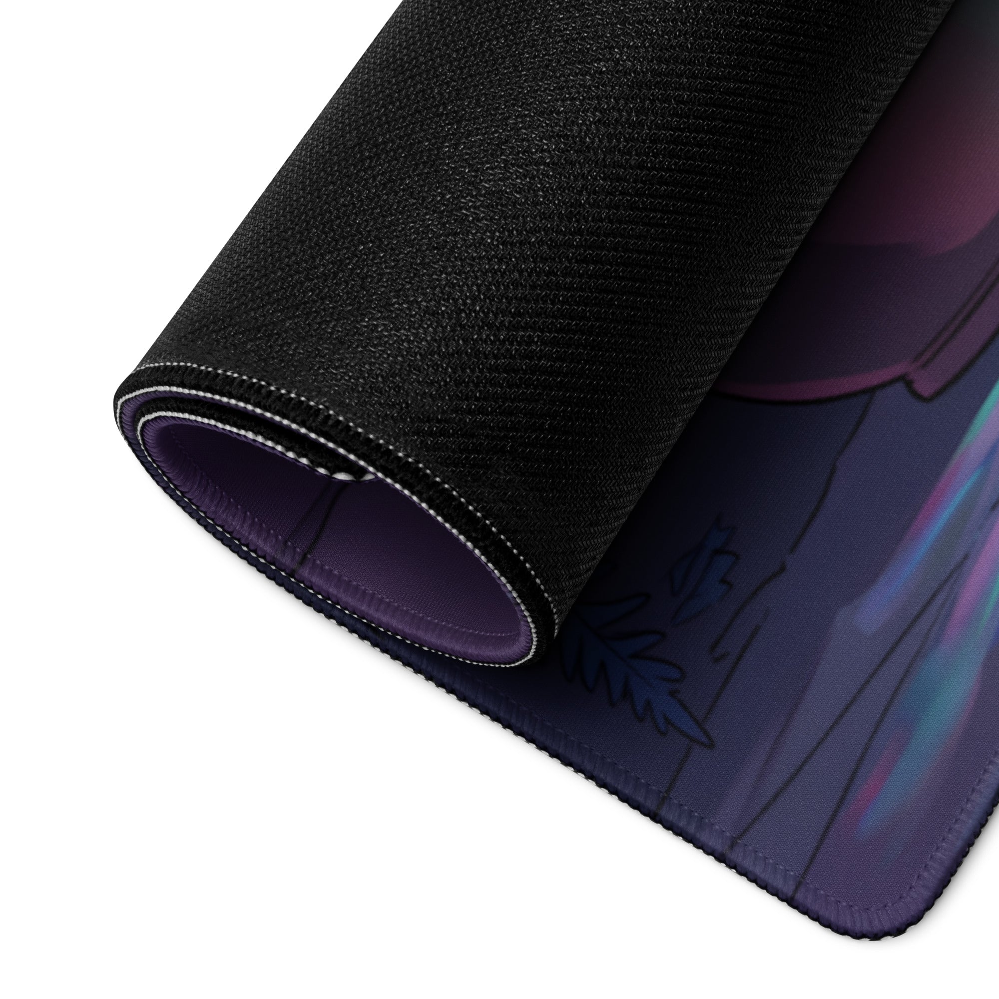 Black textured neon knight vaporwave mouse pad with rolled edge featuring purple and blue anime style illustration