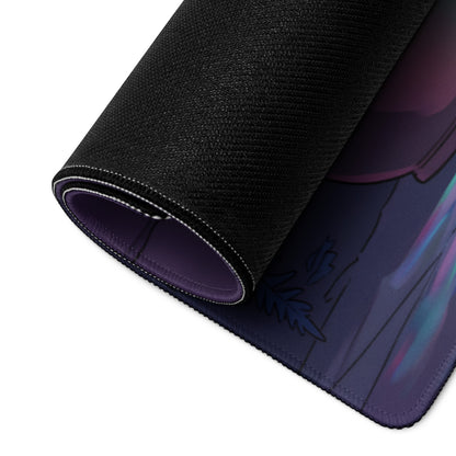 Black textured neon knight vaporwave mouse pad with rolled edge featuring purple and blue anime style illustration