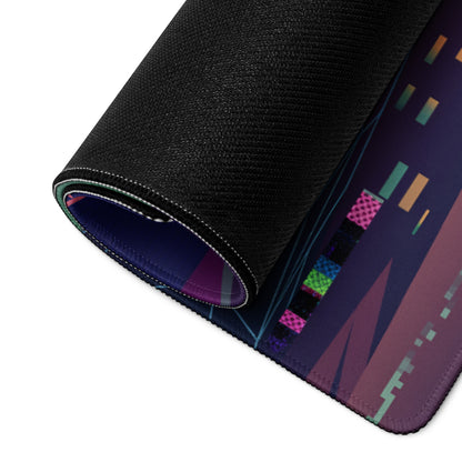A rolled-up vaporwave neon gamer desk pad with a black textured surface and vibrant pink green blue orange and purple patterns