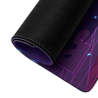A rolled-up black gaming mousepad with vibrant purple pink and blue neon vaporwave geometric design for energetic gaming desks