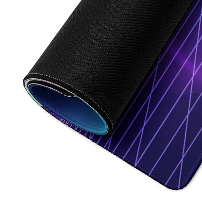 A rolled-up neon vaporwave gamer pad with black textured outer layer and vibrant purple blue diagonal lines design
