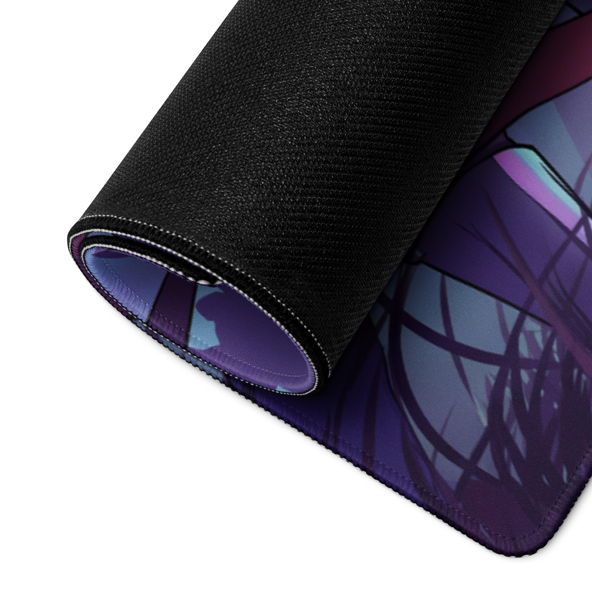 Black textured gaming mousepad with rolled edge featuring anime-style vaporwave neon knight in purple and blue shades