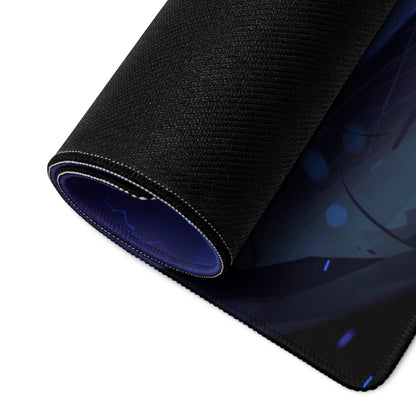 Black textured gaming mouse pad with blue inner lining and anime-style vaporwave neon surge graphic design