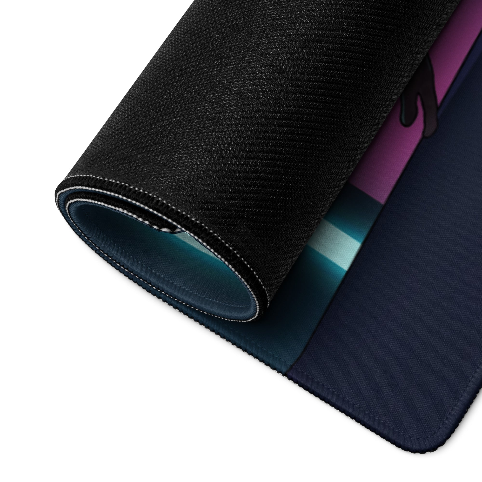 Black textured mousepad with rolled edge and colorful neon purple blue vaporwave graphic design for gaming desk use